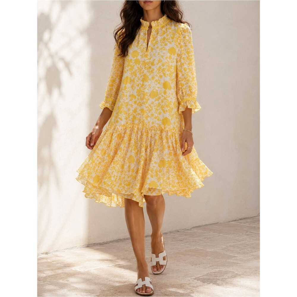 ME+EM Yellow Floral Silk Cotton Ruffle Drop Waist Dress US 8 | UK 12 Boho Midi
